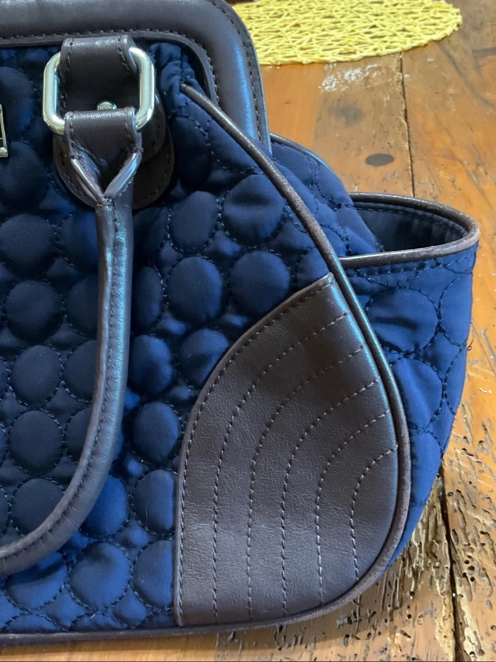 Vera Bradley Navy Quilted Satchel with Brown Trim and Handles